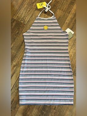 Striped Halter Mini Dress with Smile Patch